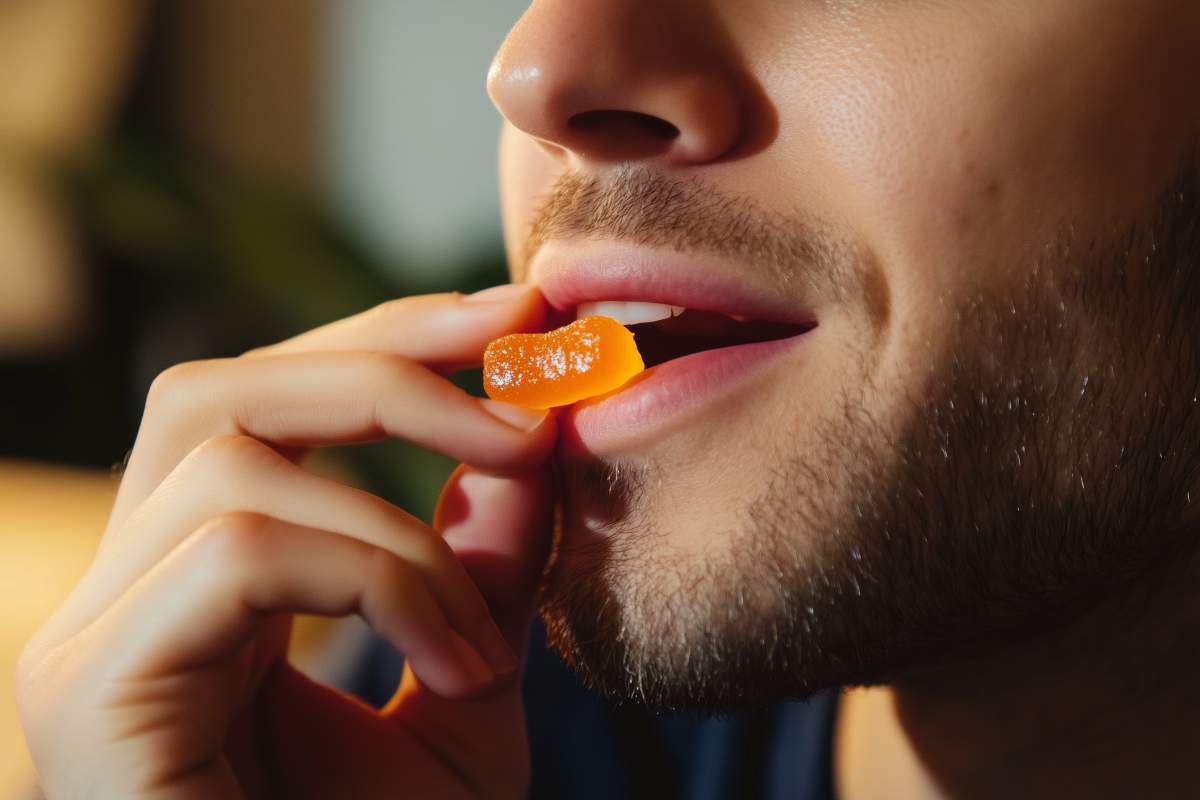 homme mangeant un bonbon gummie au cbd