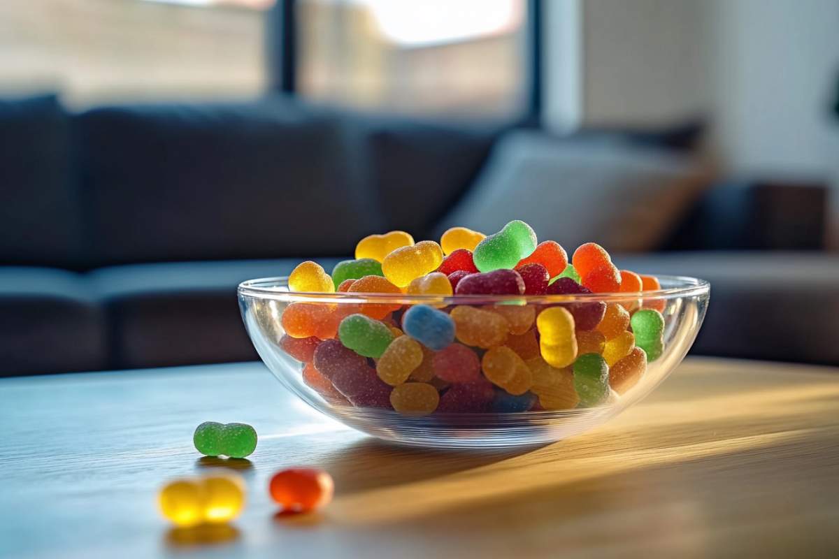 gummies au CBD dans un bol transparent posé sur une table en bois